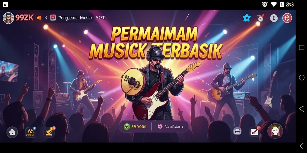Tangkapan layar gameplay 99ZK dengan berbagai alat musik dan tantangan bernyanyi.
