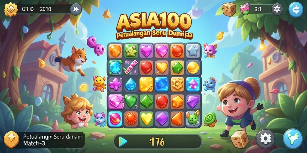 Tampilan menawan dari gameplay Match-3 di ASIA100.