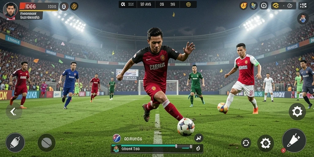 Screenshot utama gameplay ID66 menampilkan aksi seru di lapangan sepak bola.