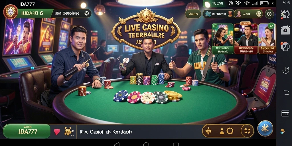 Tampilan gameplay IDA777 menampilkan dealer langsung dalam suasana kasino yang otentik.