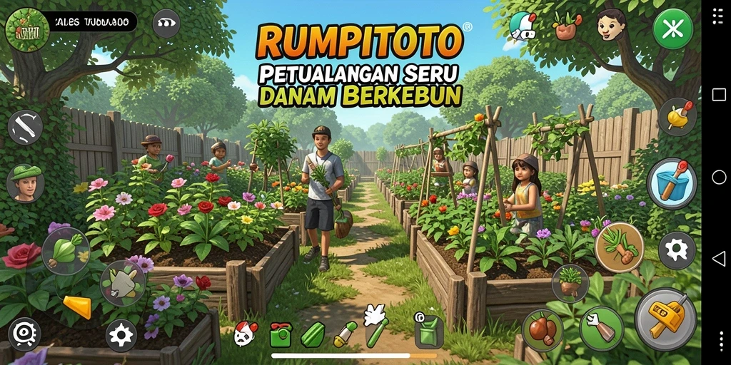 Tampilan gameplay RUMPITOTO saat berkebun dengan beragam tanaman.